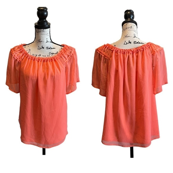 DKNY Chiffon Off the Shoulder Top Coral Orange Size Medium NWT Ruffle Crinkle - Picture 9 of 9